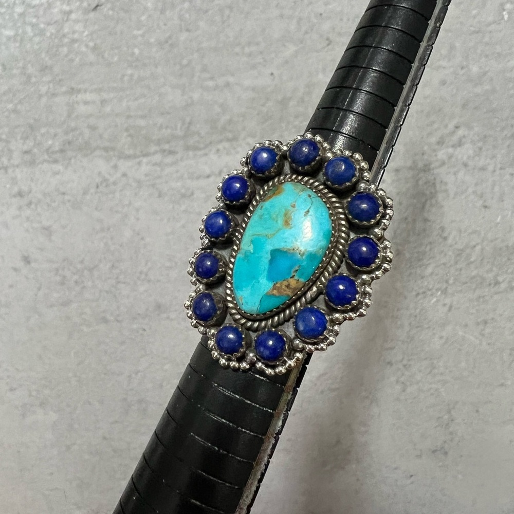 sterling silver, lapis lazuli and turquoise cluster ring size 9